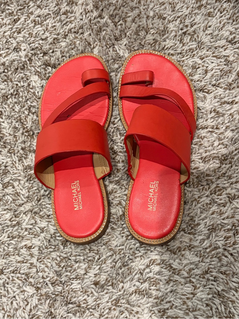 MICHAEL Michael Kors Red-Orange Double-Strap Slide Sandals with Gold Logo